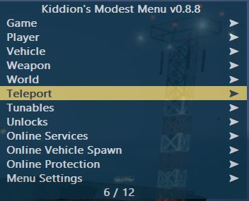 Kiddions Modest Menu root list: Game Player Vehicle Weapon World Teleport
